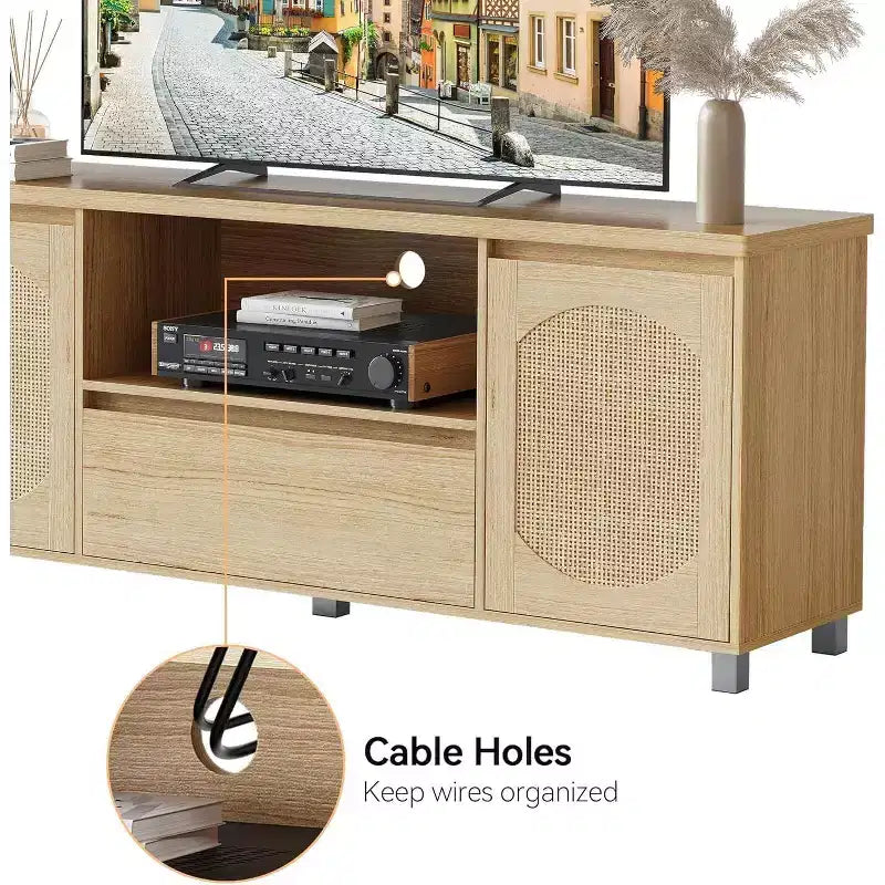 Mobile TV in Rattan Boho (adatto per TV da 70 pollici) con Ripiano Regolabile e Cassetto, Credenza Multimediale Finitura Rovere per Soggiorno e Camera da Letto