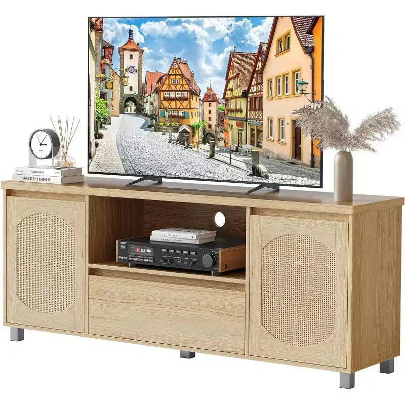 Mobile TV in Rattan Boho (adatto per TV da 70 pollici) con Ripiano Regolabile e Cassetto, Credenza Multimediale Finitura Rovere per Soggiorno e Camera da Letto
