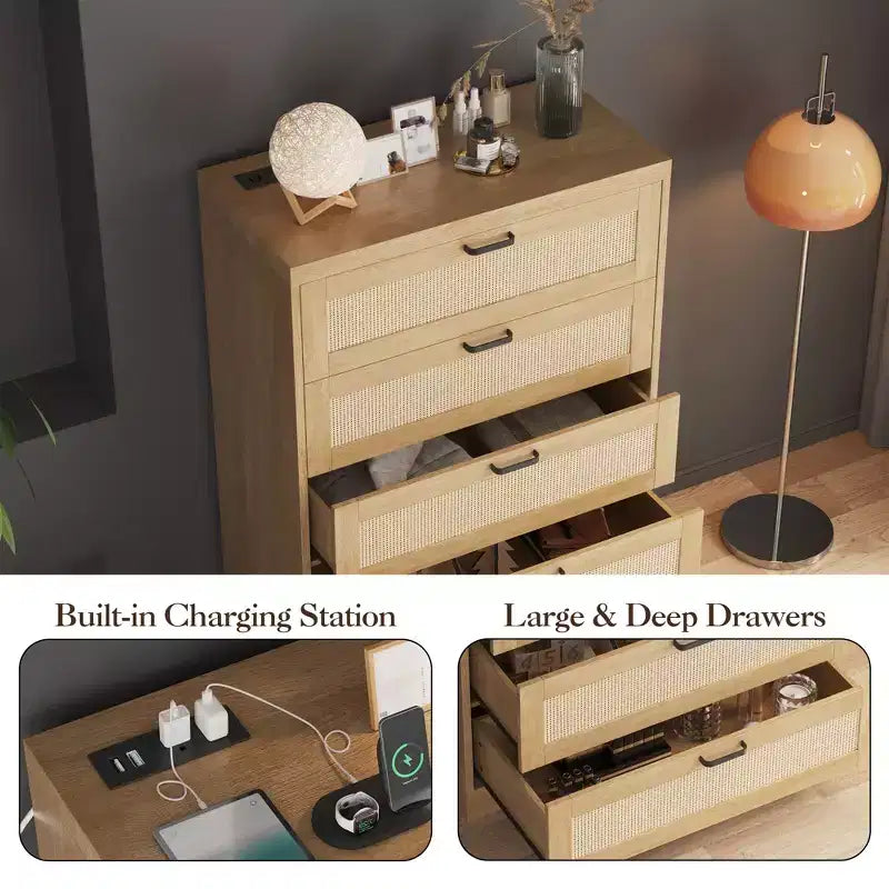 COZONY Comò alto 80 cm in rattan con 5 cassetti, cassettiera portaoggetti in legno con ampio piano per camera da letto e ingresso