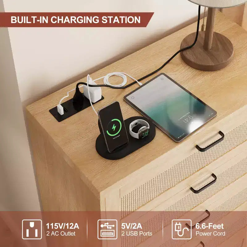 COZONY Comò alto 80 cm in rattan con 5 cassetti, cassettiera portaoggetti in legno con ampio piano per camera da letto e ingresso
