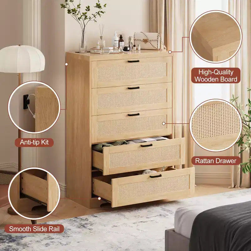 COZONY Comò alto 80 cm in rattan con 5 cassetti, cassettiera portaoggetti in legno con ampio piano per camera da letto e ingresso