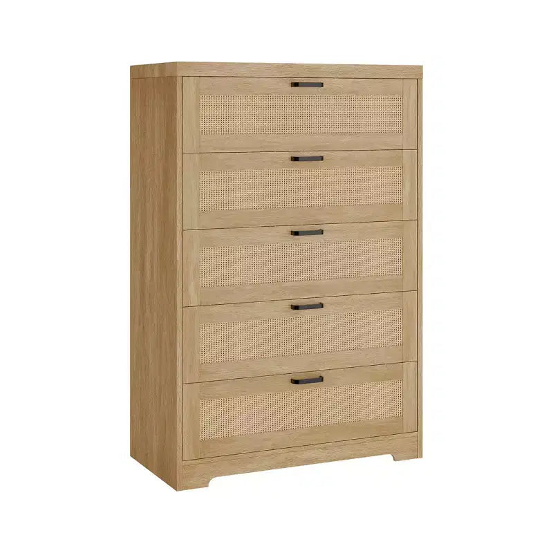 COZONY Comò alto 80 cm in rattan con 5 cassetti, cassettiera portaoggetti in legno con ampio piano per camera da letto e ingresso