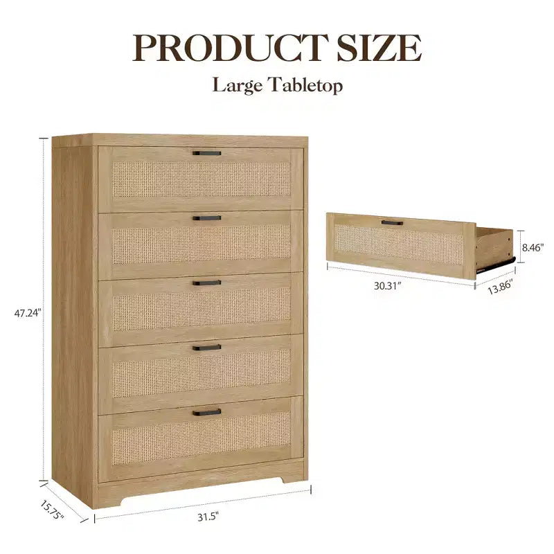 COZONY Comò alto 80 cm in rattan con 5 cassetti, cassettiera portaoggetti in legno con ampio piano per camera da letto e ingresso