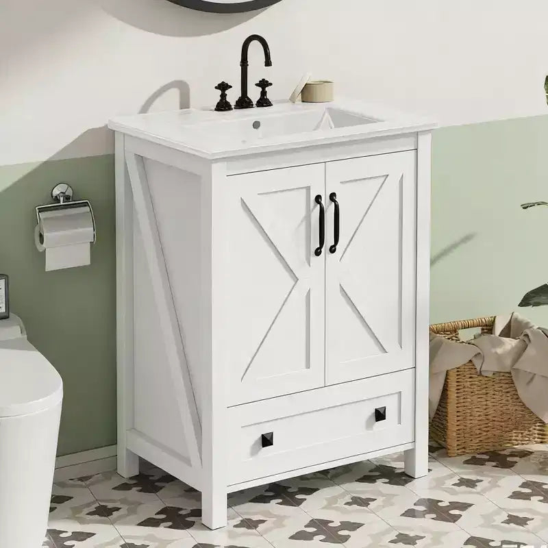 Mobile lavabo moderno da 24/30 pollici con lavello in ceramica - Mobiletto autoportante con 2 ante e 1 cassetto per riporre oggetti in bagni piccoli