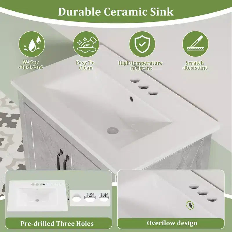 Mobile lavabo moderno da 24/30 pollici con lavello in ceramica - Mobiletto autoportante con 2 ante e 1 cassetto per riporre oggetti in bagni piccoli