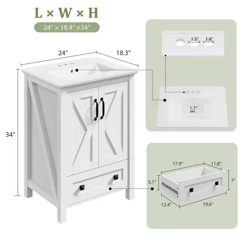 Mobile lavabo moderno da 24/30 pollici con lavello in ceramica - Mobiletto autoportante con 2 ante e 1 cassetto per riporre oggetti in bagni piccoli