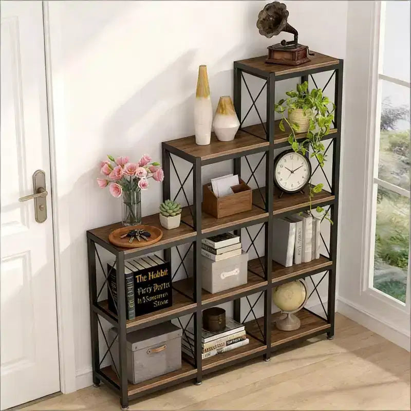 NAYSAYE Scaffale angolare a scala 9 cubi a L Etagere Metallo Legno Espositore per Soggiorno Ufficio, Nero, 45.31*11.82*52.01