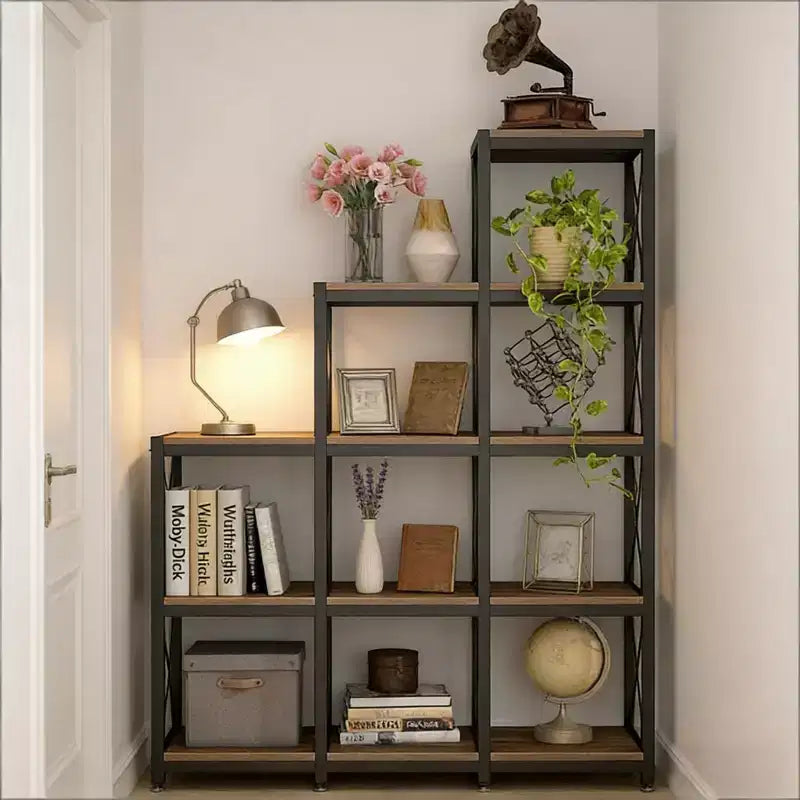 NAYSAYE Scaffale angolare a scala 9 cubi a L Etagere Metallo Legno Espositore per Soggiorno Ufficio, Nero, 45.31*11.82*52.01