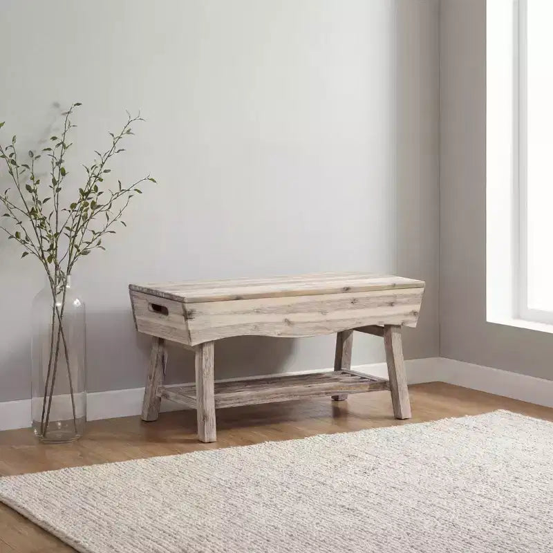 eHemco Panca in Legno Massello con Ripiano Contenitore e 4 Pannelli, 36x15,25x17,3 Pollici, Finitura Bianca Lavata