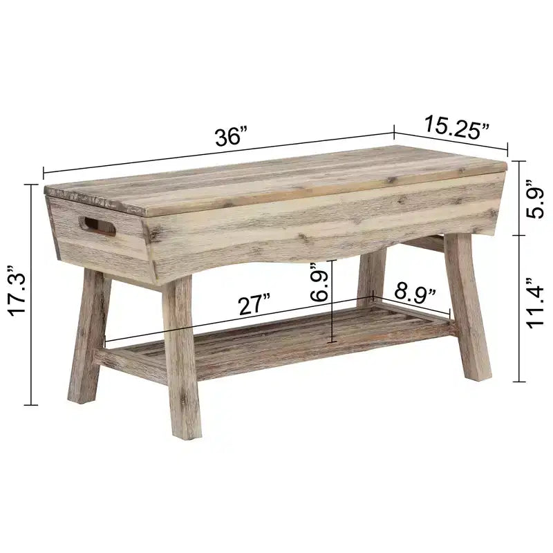 eHemco Panca in Legno Massello con Ripiano Contenitore e 4 Pannelli, 36x15,25x17,3 Pollici, Finitura Bianca Lavata
