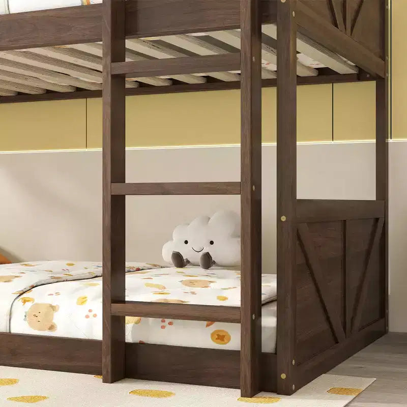 Bellemave Letto a castello singolo su singolo con testiera e pediera a pannelli, Struttura letto a castello in legno di gomma con sponde protettive e scaletta, Quercia Antica