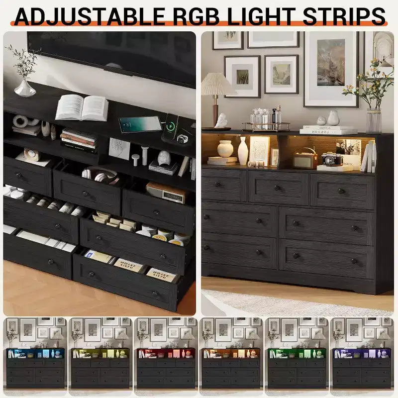 Cassettiera in Legno a 7 Cassetti - Comò Moderno con Stazione di Ricarica USB e Luci a LED, 2 Scomparti Aperti - Ampio Comò per Camera da Letta, Organizzatore di Archiviazione