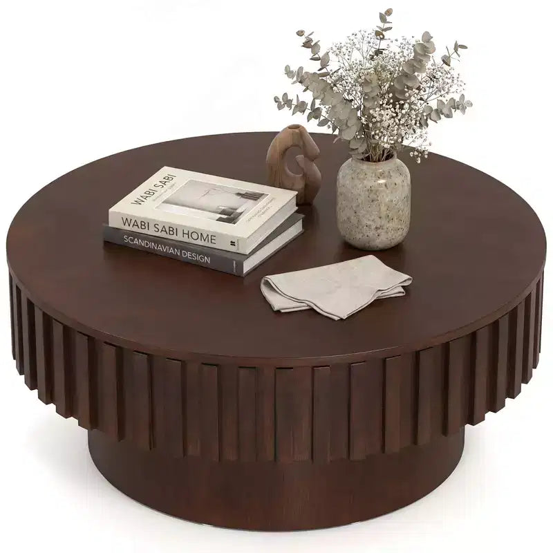 Tavolino Rotondo da Caffè Costway con Contenitore, Tavolino a Tamburo in Legno con Scomparto Nascosto Noce/Naturale
