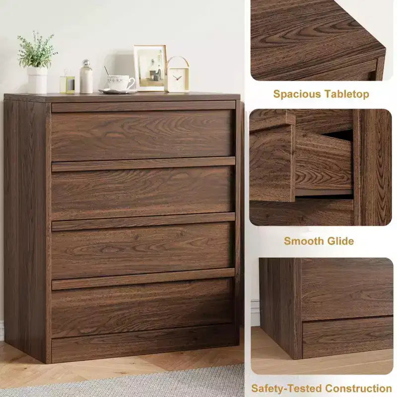 Acekool Cassettiera a 4 Cassetti per Camera da Letto, Mobile Contenitore in Legno con Ampi Cassetti, Comodino Tavolo per Soggiorno Ingresso, Noce