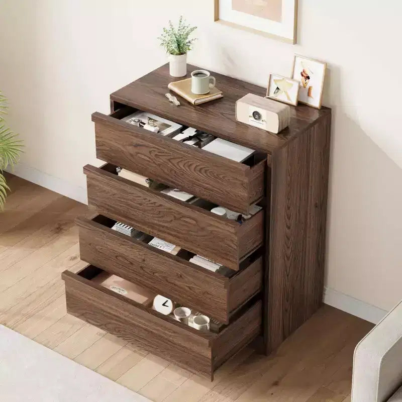 Acekool Cassettiera a 4 Cassetti per Camera da Letto, Mobile Contenitore in Legno con Ampi Cassetti, Comodino Tavolo per Soggiorno Ingresso, Noce