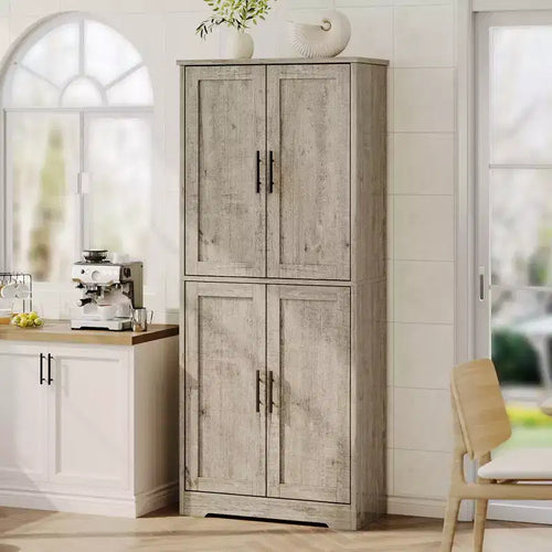 Armadietto dispensa da cucina alto e moderno da 178 cm, mobiletto indipendente con 4 ante e 3 ripiani regolabili, armadietto versatile per cucina e bagno