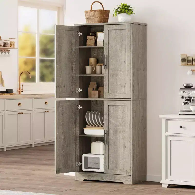 Armadietto dispensa da cucina alto e moderno da 178 cm, mobiletto indipendente con 4 ante e 3 ripiani regolabili, armadietto versatile per cucina e bagno