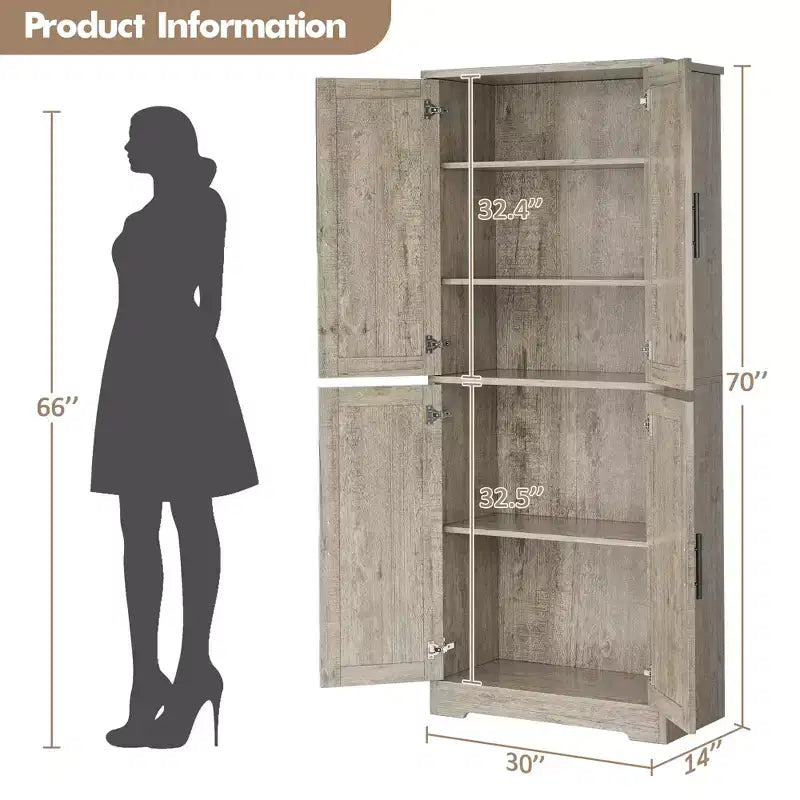 Armadietto dispensa da cucina alto e moderno da 178 cm, mobiletto indipendente con 4 ante e 3 ripiani regolabili, armadietto versatile per cucina e bagno