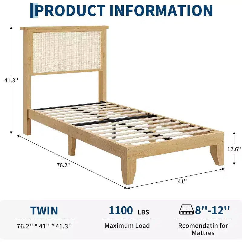 Telaio del letto a piattaforma in rattan e legno quadrato DobleePy Twin Size, testiera in rattan naturale, nessun sommier necessario, facile montaggio