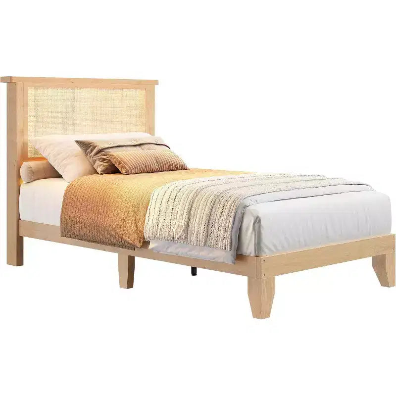 Telaio del letto a piattaforma in rattan e legno quadrato DobleePy Twin Size, testiera in rattan naturale, nessun sommier necessario, facile montaggio