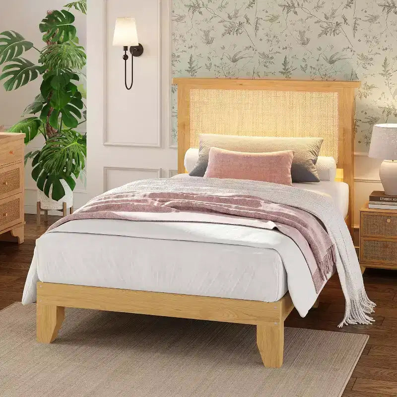 Telaio del letto a piattaforma in rattan e legno quadrato DobleePy Twin Size, testiera in rattan naturale, nessun sommier necessario, facile montaggio