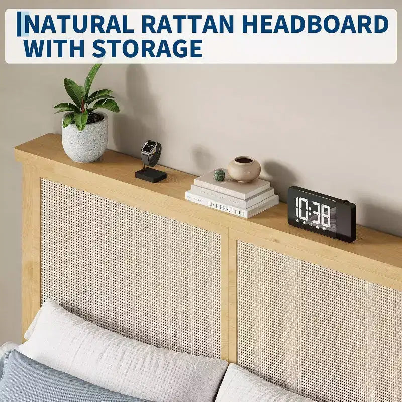 Telaio del letto a piattaforma in rattan e legno quadrato DobleePy Twin Size, testiera in rattan naturale, nessun sommier necessario, facile montaggio