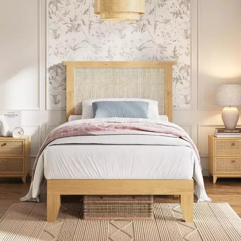 Telaio del letto a piattaforma in rattan e legno quadrato DobleePy Twin Size, testiera in rattan naturale, nessun sommier necessario, facile montaggio