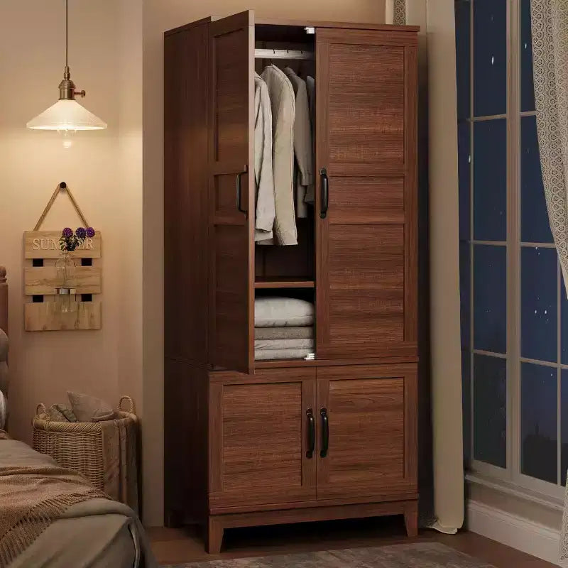 Armadio Guardaroba in Legno Alto 183 cm con 4 Ante, Asta Appendiabiti e Ripiani Regolabili, Armadio Autoportante per Vestiti per Camera da Letto