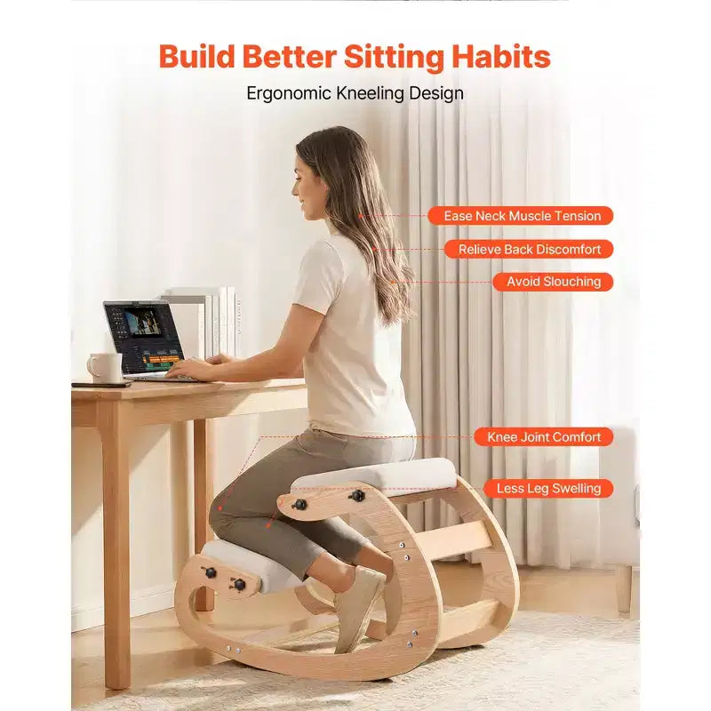 Sedia inginocchiatoio ergonomica VEVOR, sedia inginocchiatoio in legno per postura con cuscini spessi regolabili in schiuma e telaio in legno massello, altezza regolabile, beige
