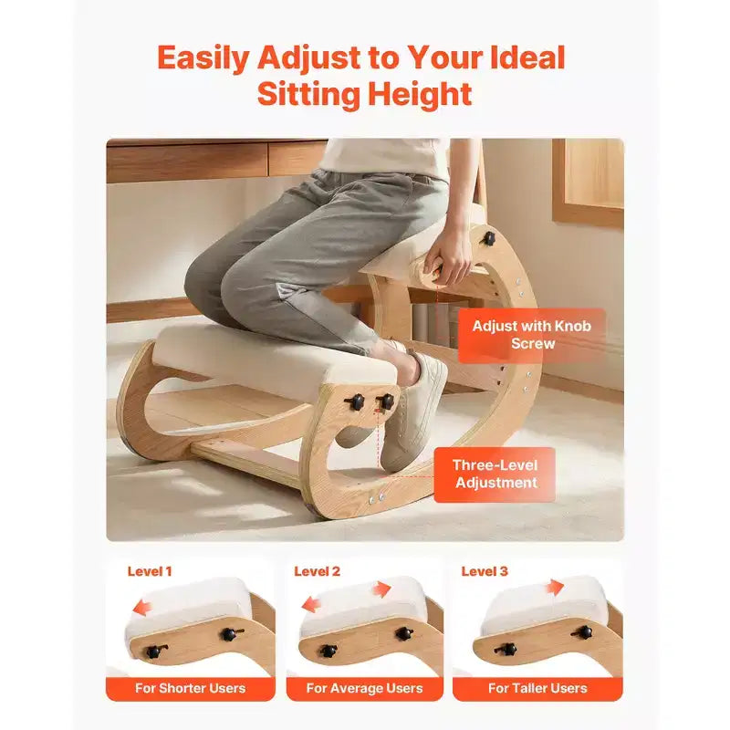 Sedia inginocchiatoio ergonomica VEVOR, sedia inginocchiatoio in legno per postura con cuscini spessi regolabili in schiuma e telaio in legno massello, altezza regolabile, beige