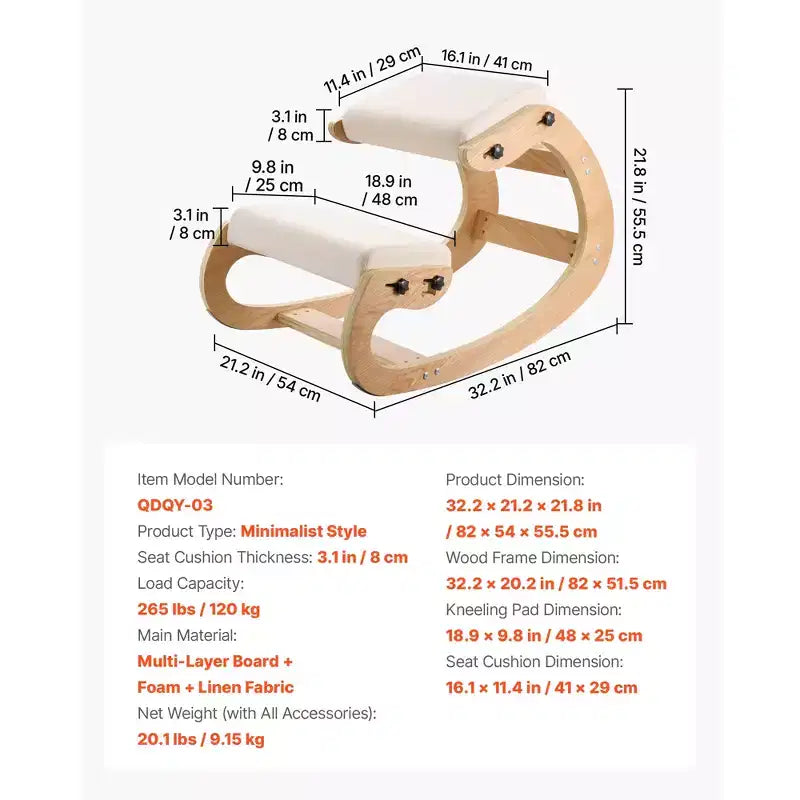 Sedia inginocchiatoio ergonomica VEVOR, sedia inginocchiatoio in legno per postura con cuscini spessi regolabili in schiuma e telaio in legno massello, altezza regolabile, beige
