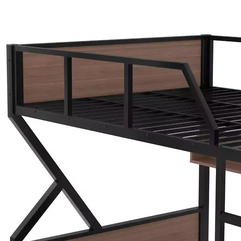 Bellemave Letto a castello in metallo Queen over Queen con ripiani portaoggetti e luce a LED, struttura per letto a castello resistente con spondine e scaletta, senza rumore, nero