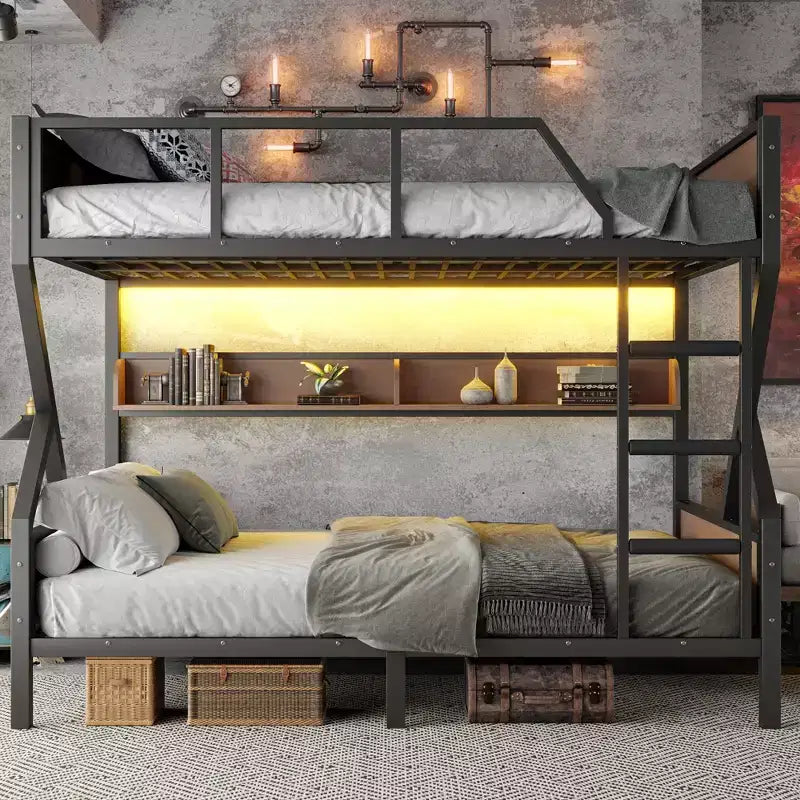 Bellemave Letto a castello in metallo Queen over Queen con ripiani portaoggetti e luce a LED, struttura per letto a castello resistente con spondine e scaletta, senza rumore, nero