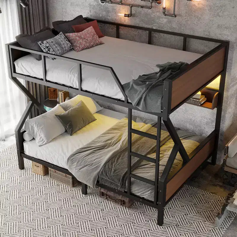 Bellemave Letto a castello in metallo Queen over Queen con ripiani portaoggetti e luce a LED, struttura per letto a castello resistente con spondine e scaletta, senza rumore, nero