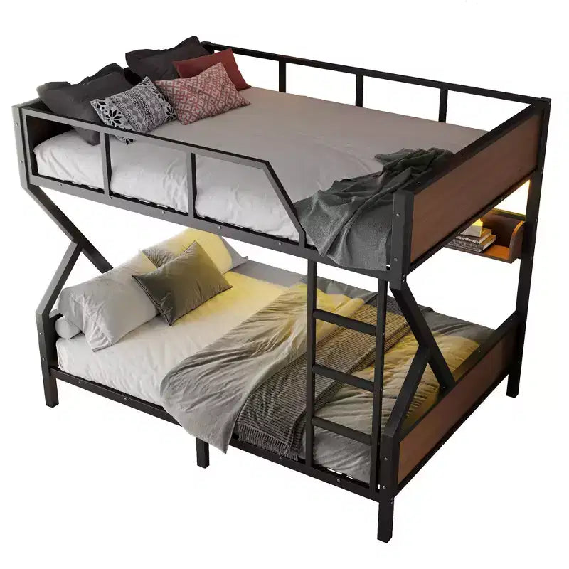Bellemave Letto a castello in metallo Queen over Queen con ripiani portaoggetti e luce a LED, struttura per letto a castello resistente con spondine e scaletta, senza rumore, nero