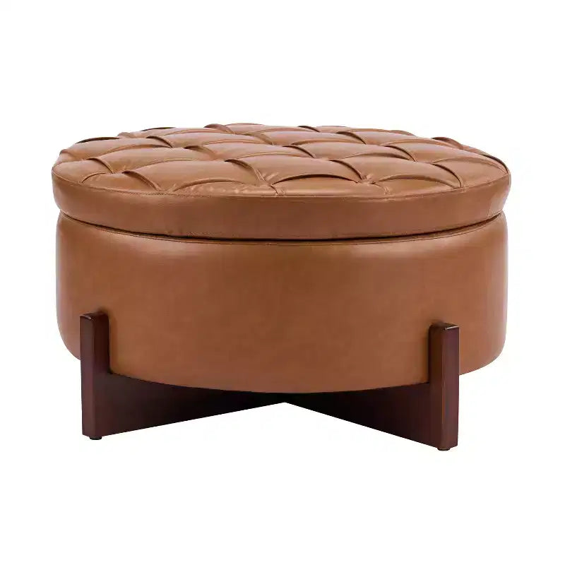 Christopher Knight Home Javier Pouf contenitore rotondo moderno in legno imbottito con design trapuntato e coperchio reversibile