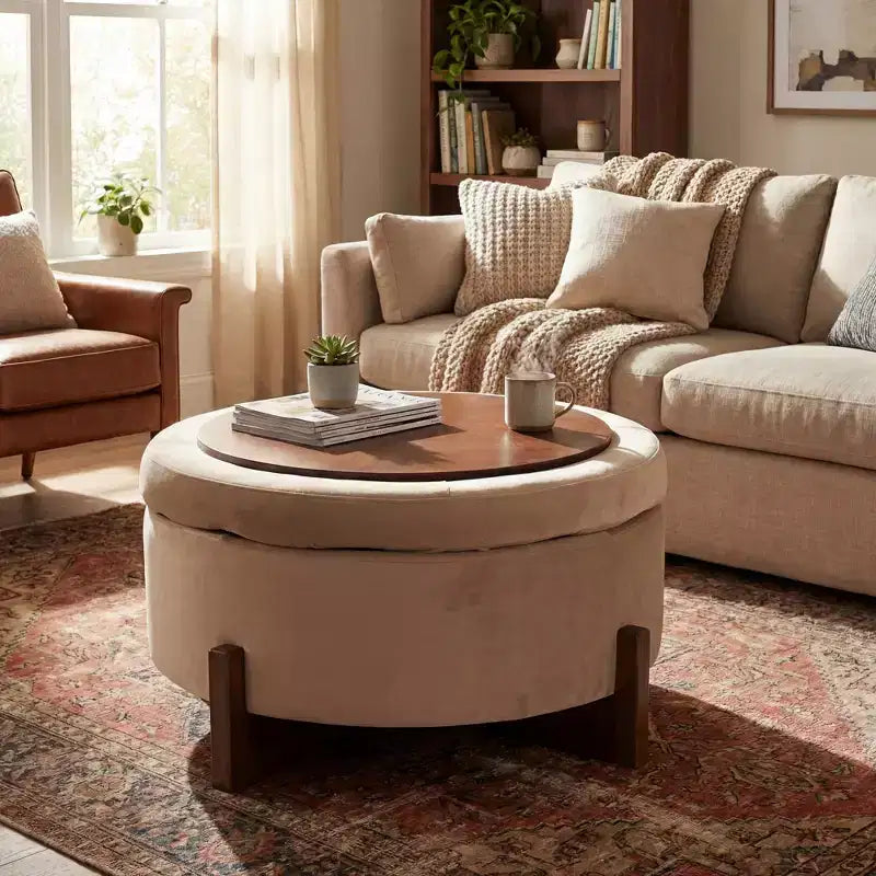 Christopher Knight Home Javier Pouf contenitore rotondo moderno in legno imbottito con design trapuntato e coperchio reversibile