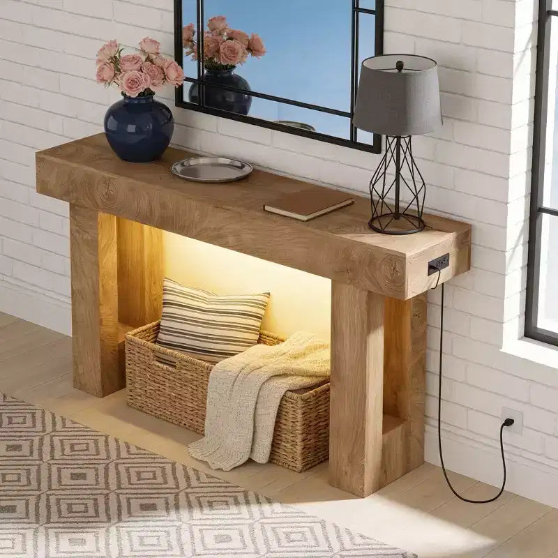 GustoWave 63 Console da Tavolo Rustica, Tavolo d'Ingresso in Legno con Ripiano Contenitore, Tavolino Stretto da Divano per Corridoio, Ingresso, Sandalo
