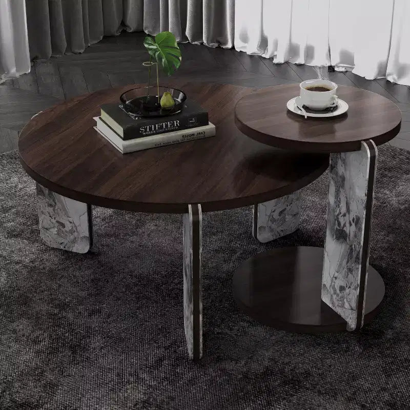 Set di Tavolini da Caffè Rotondi Ora Maison Modern con Gambe in Pietra Sinterizzata e Tavolino Laterale Abbinato, Nero