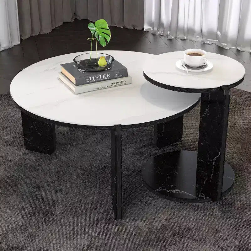 Set di Tavolini da Caffè Rotondi Ora Maison Modern con Gambe in Pietra Sinterizzata e Tavolino Laterale Abbinato, Nero