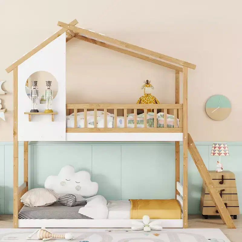 Bellemave Letto a castello per bambini Twin Over Twin con tetto e finestra, letto a castello in legno per bambini con scaletta e sponde, struttura in pino massiccio, naturale