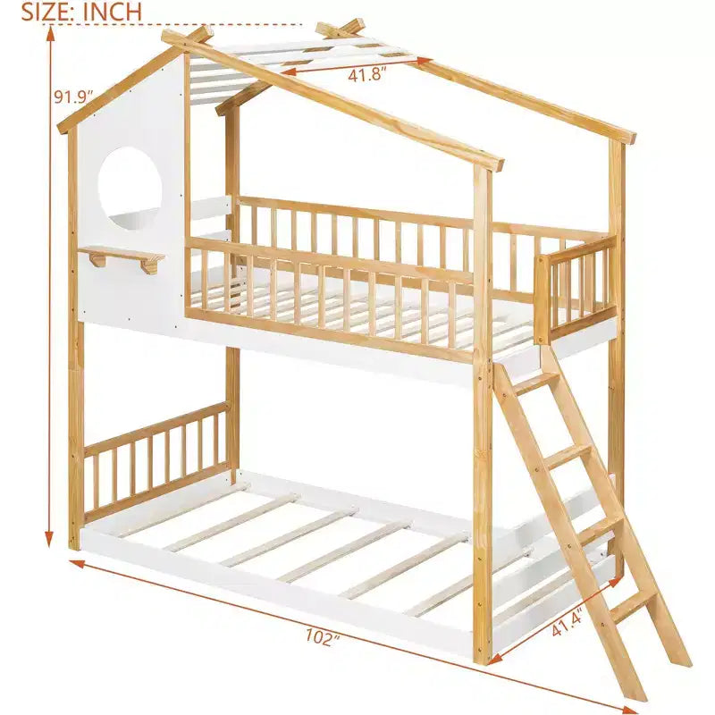 Bellemave Letto a castello per bambini Twin Over Twin con tetto e finestra, letto a castello in legno per bambini con scaletta e sponde, struttura in pino massiccio, naturale