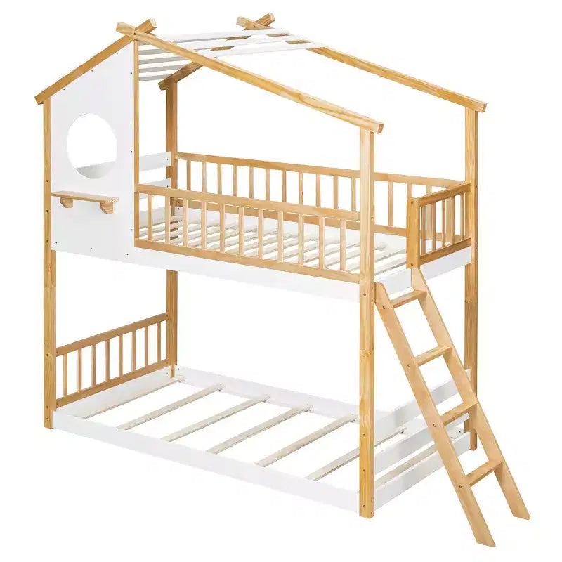 Bellemave Letto a castello per bambini Twin Over Twin con tetto e finestra, letto a castello in legno per bambini con scaletta e sponde, struttura in pino massiccio, naturale