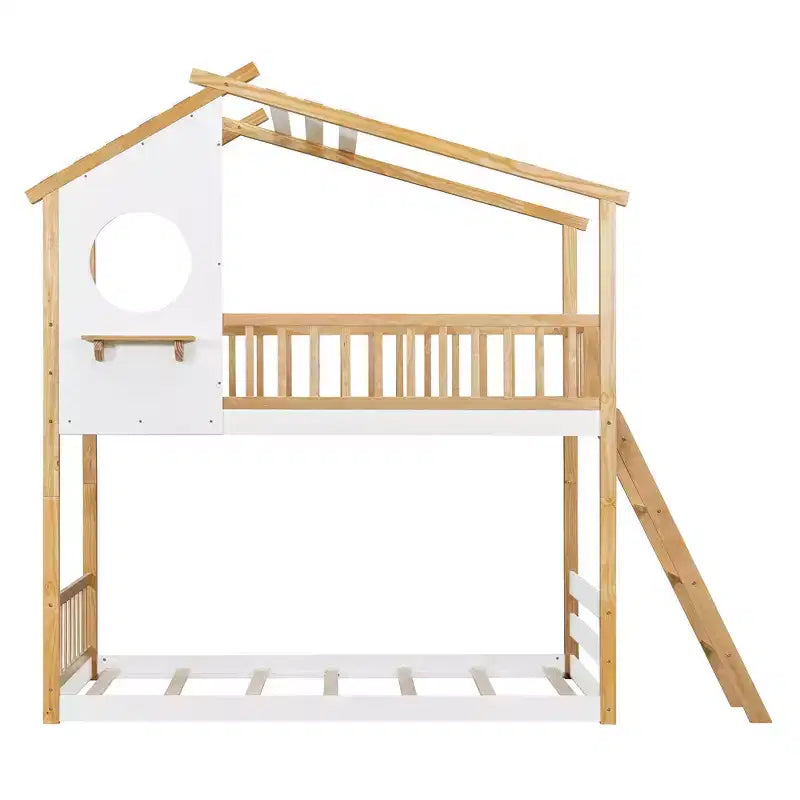 Bellemave Letto a castello per bambini Twin Over Twin con tetto e finestra, letto a castello in legno per bambini con scaletta e sponde, struttura in pino massiccio, naturale