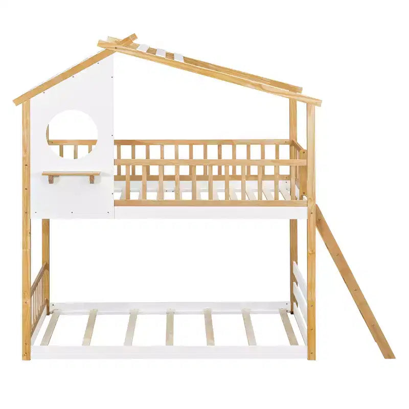 Bellemave Letto a castello per bambini Twin Over Twin con tetto e finestra, letto a castello in legno per bambini con scaletta e sponde, struttura in pino massiccio, naturale