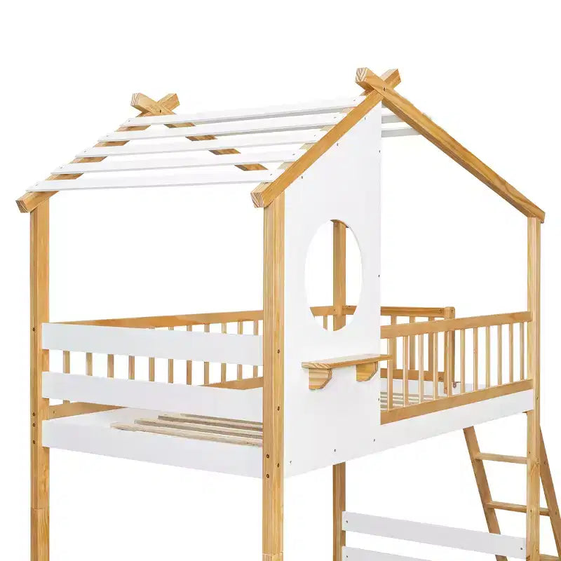 Bellemave Letto a castello per bambini Twin Over Twin con tetto e finestra, letto a castello in legno per bambini con scaletta e sponde, struttura in pino massiccio, naturale