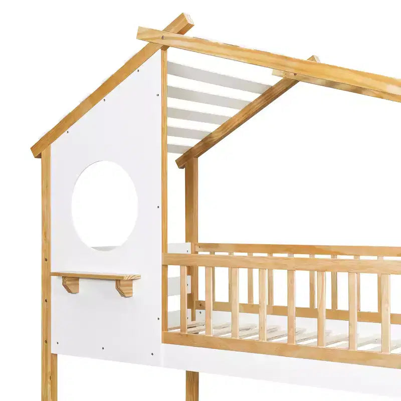 Bellemave Letto a castello per bambini Twin Over Twin con tetto e finestra, letto a castello in legno per bambini con scaletta e sponde, struttura in pino massiccio, naturale