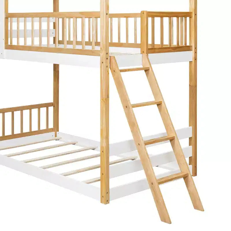 Bellemave Letto a castello per bambini Twin Over Twin con tetto e finestra, letto a castello in legno per bambini con scaletta e sponde, struttura in pino massiccio, naturale